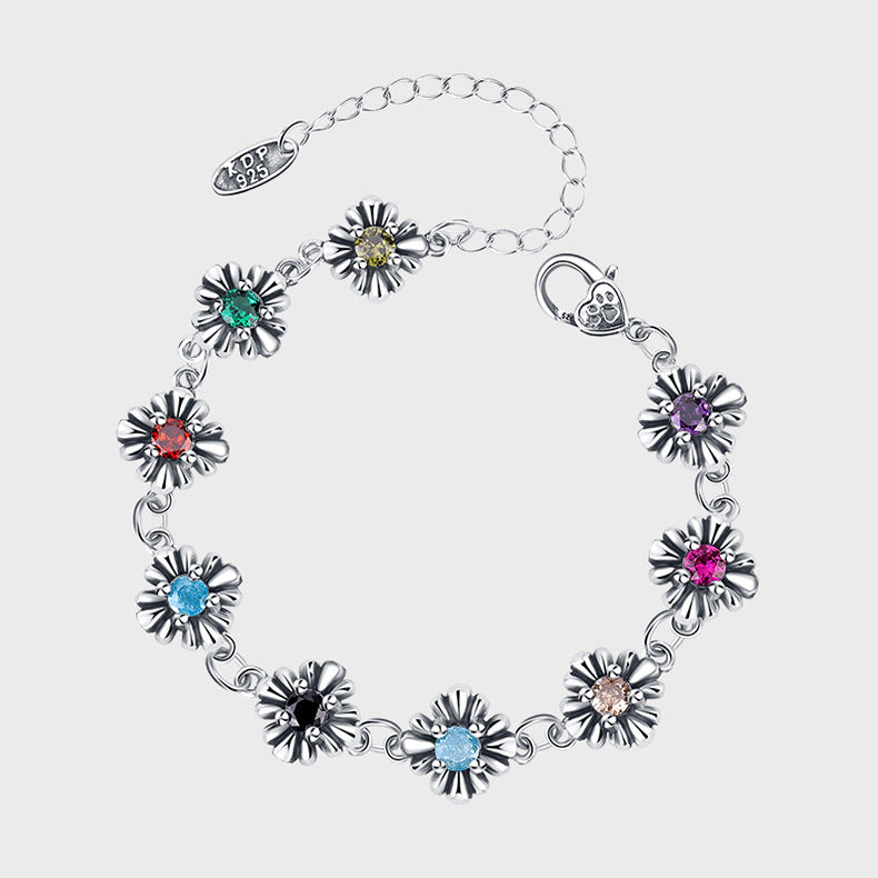 Pulseira de Prata 925 Estilo Antigo – Design Original com Pequena Margarida e Detalhes