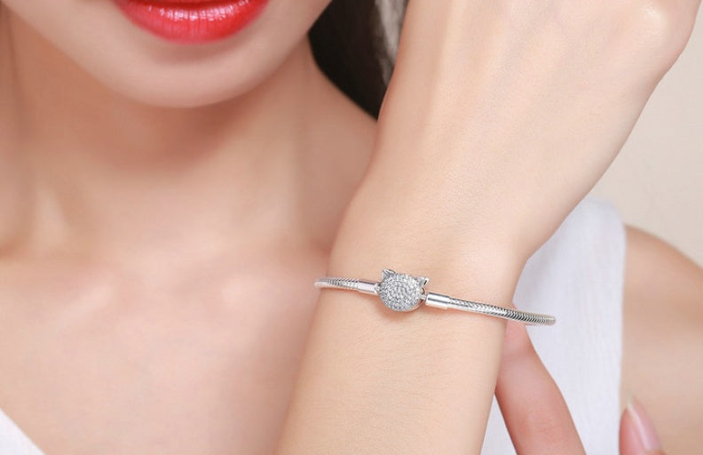 Pulseira de Prata S925 com Banho de Platina – Modelo Ziyun Amazon, Estilo Europeu e Americano, Base para DIY com Gato Fofo